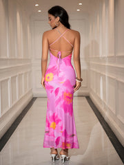 Floral Print Ruched Crisscross Back Maxi Dress | Wedding Guest Dress, Vacation Dress