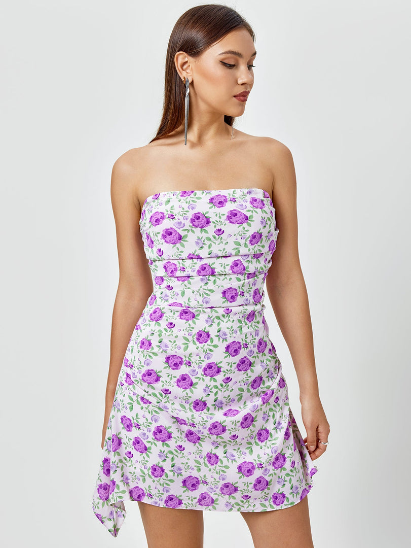 Floral Print Ruched Side Tube Dress | Wedding Guest Dress, Vacation Dress