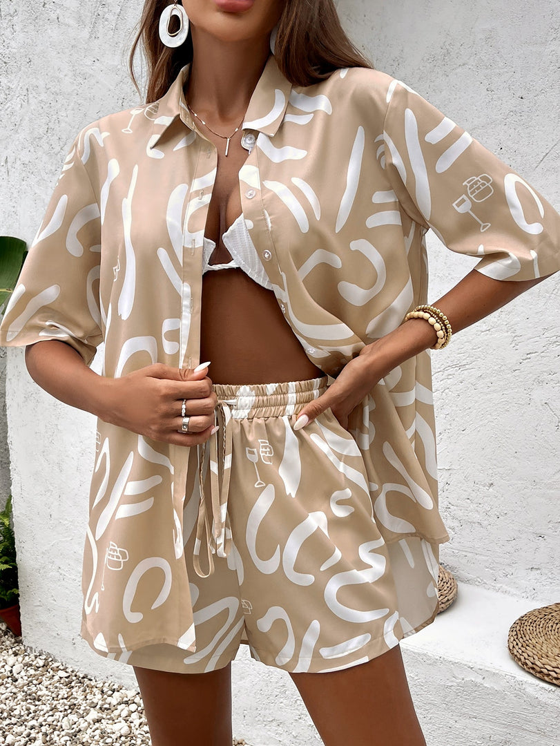 Floral Print Short Sleeve Shirt&Print Shorts Set | Vacation Two-Piece Set