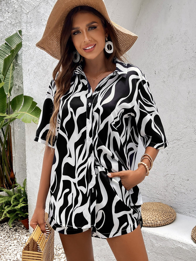 Floral Print Short Sleeve Shirt&Print Shorts Set | Vacation Two-Piece Set