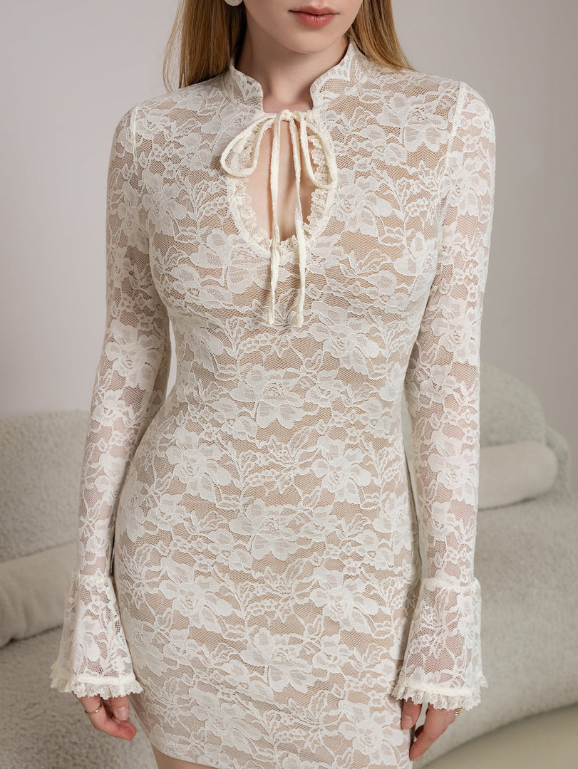 Flounce Sleeve Cut Out Tie Front Lace Mini Dress | Homecoming Dress