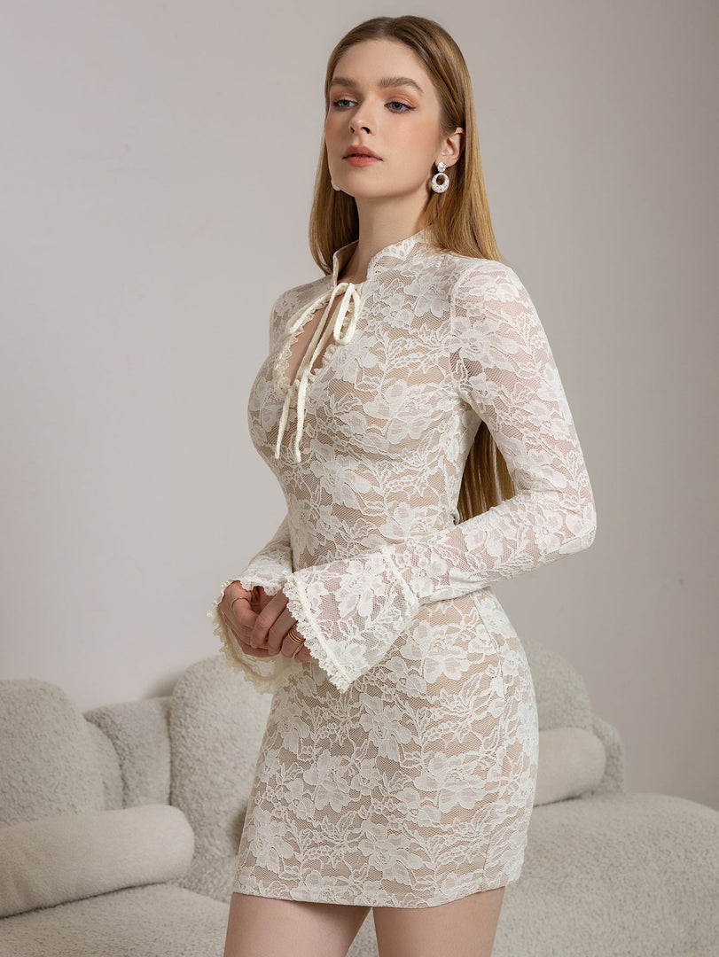 Flounce Sleeve Cut Out Tie Front Lace Mini Dress | Homecoming Dress