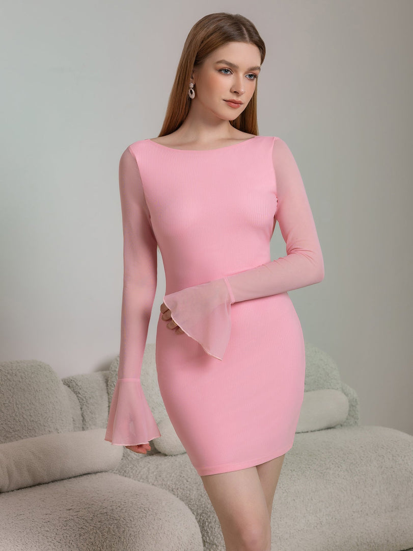 Flounce Sleeve Embellished Bow Tie Backless Mesh Dress | Wedding Guest Dress, Vacation Dress