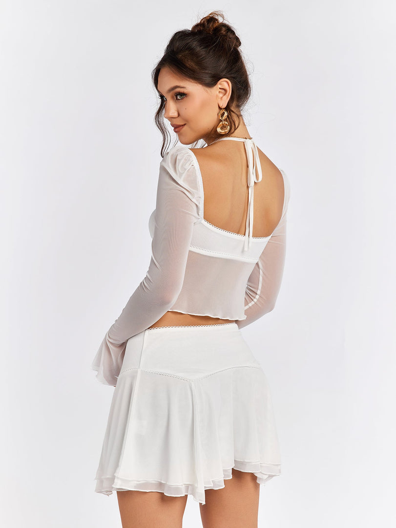 Flounce Sleeve Halter Mesh Crop Top&Flared Hem Skirt | Vacation Two-Piece Set