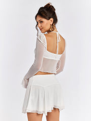 Flounce Sleeve Halter Mesh Crop Top&Flared Hem Skirt | Vacation Two-Piece Set