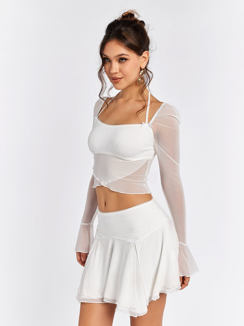 Flounce Sleeve Halter Mesh Crop Top&Flared Hem Skirt | Vacation Two-Piece Set