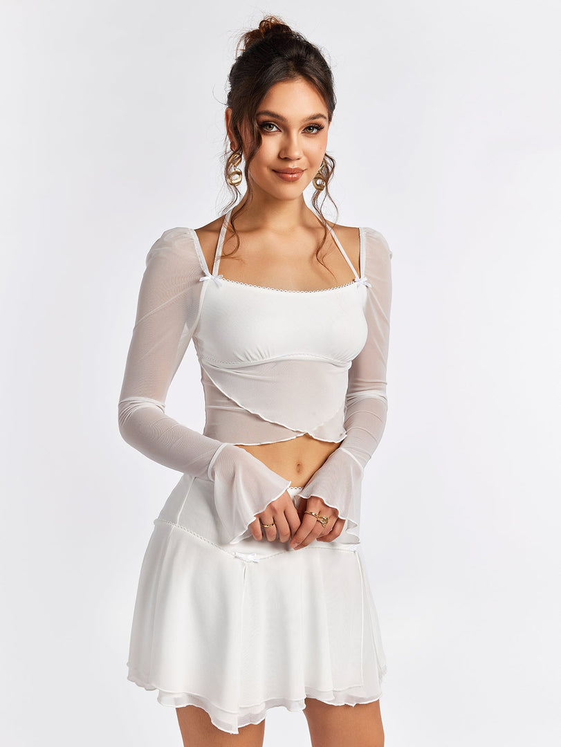 Flounce Sleeve Halter Mesh Crop Top&Flared Hem Skirt | Vacation Two-Piece Set
