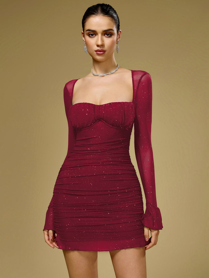 Flounce Sleeve Mesh Sparkly Mini Dress | Wedding Guest Dress