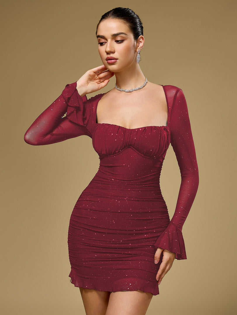 Flounce Sleeve Mesh Sparkly Mini Dress | Wedding Guest Dress