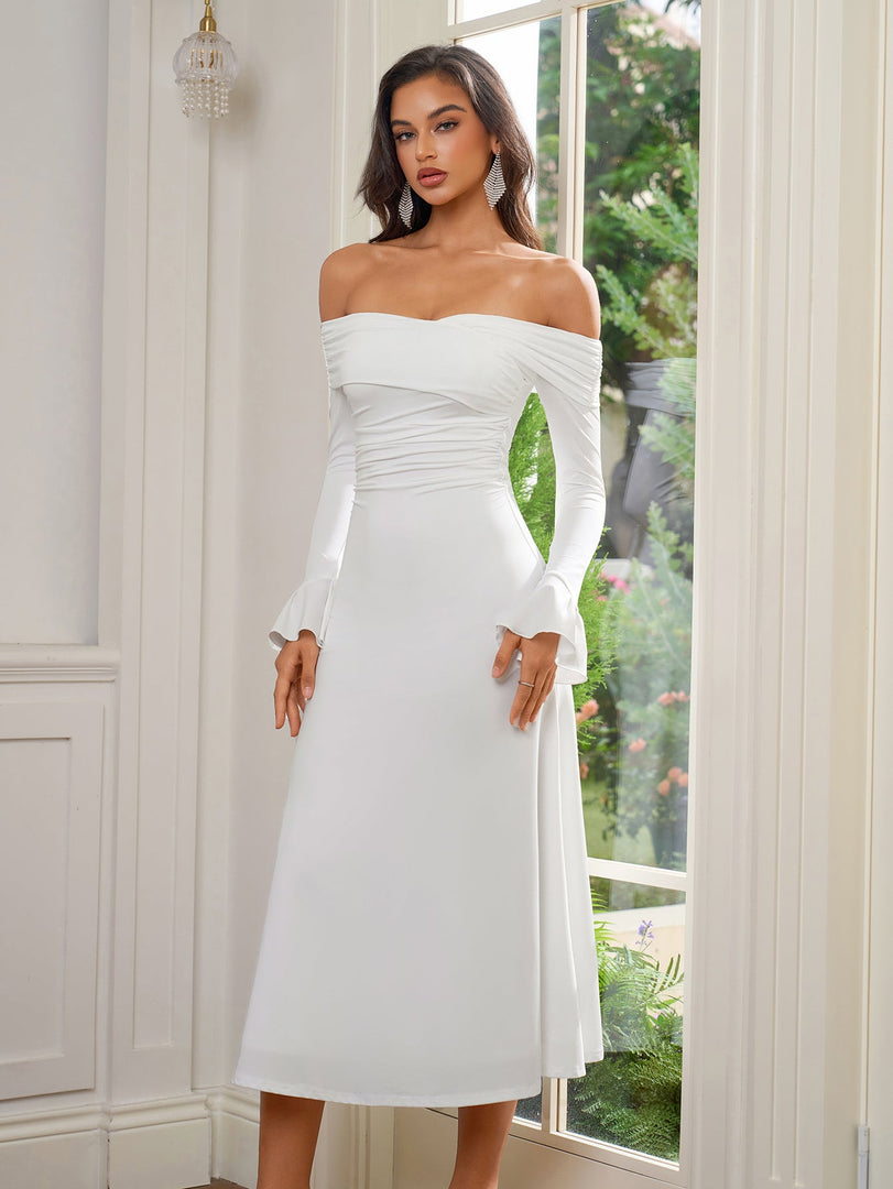 Flounce Sleeve Off Shoulder Ruched Bodycon Dress | Homecoming Dress