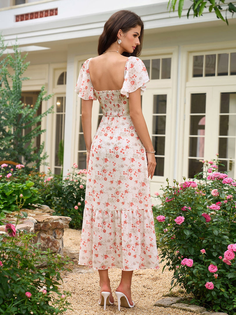 Flounce Sleeve Ruched Backless Floral Print Dress | Wedding Guest Dress, Vacation Dress