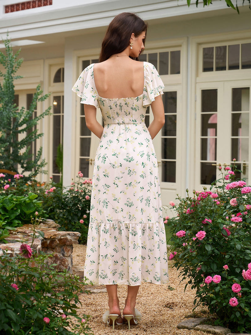 Flounce Sleeve Ruched Backless Floral Print Dress | Wedding Guest Dress, Vacation Dress