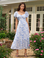 Flounce Sleeve Ruched Backless Floral Print Dress | Wedding Guest Dress, Vacation Dress