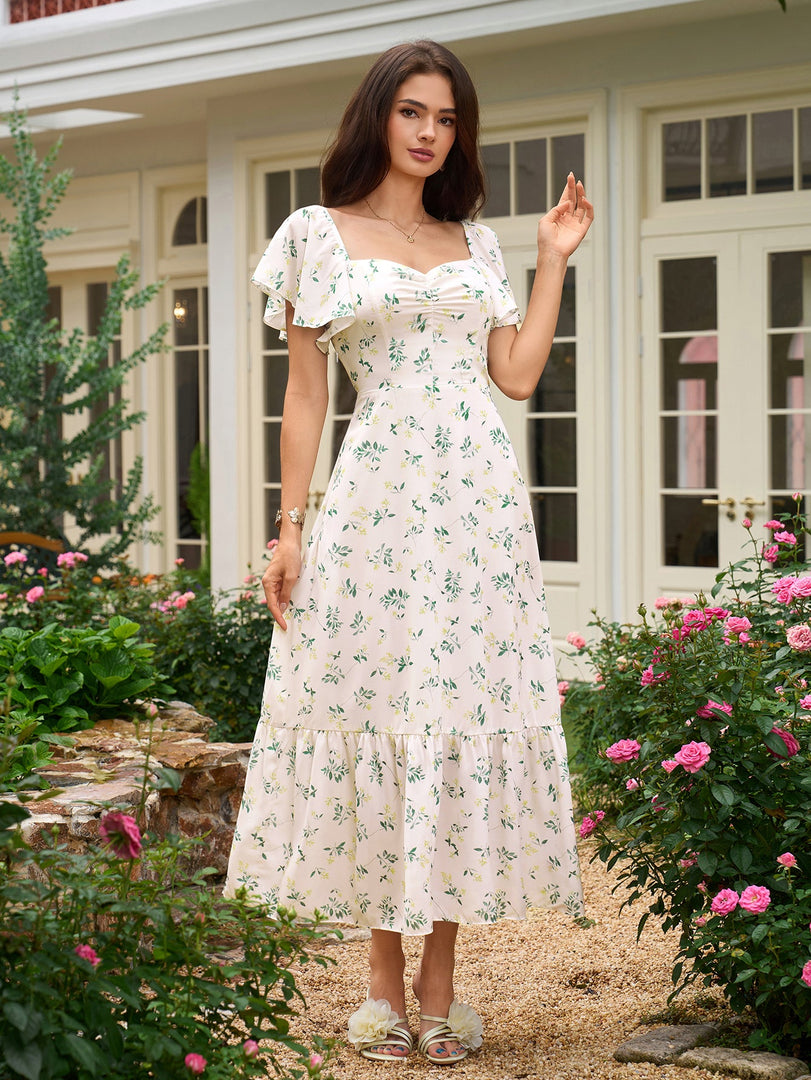 Flounce Sleeve Ruched Backless Floral Print Dress | Wedding Guest Dress, Vacation Dress