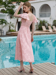 Flounce Sleeve Ruched Bust Chiffon Jacquard Midi Dress | Bridesmaid Dress