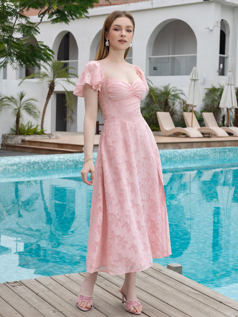 Flounce Sleeve Ruched Bust Chiffon Jacquard Midi Dress | Bridesmaid Dress