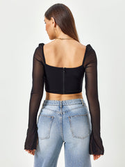 Flounce Sleeve Ruched Bust Zipper Back Crop Top | Vacation Top
