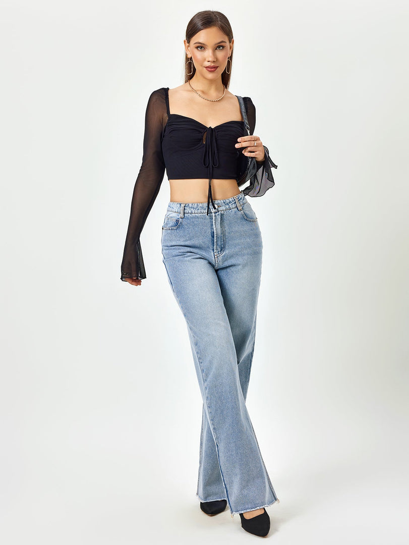 Flounce Sleeve Ruched Bust Zipper Back Crop Top | Vacation Top
