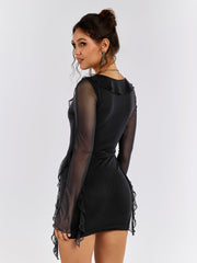 Flounce Sleeve Tie Front Embellished Mesh Dress | Wedding Guest Dress, Vacation Dress