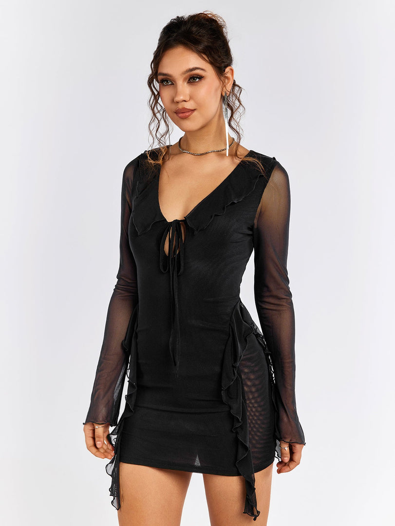 Flounce Sleeve Tie Front Embellished Mesh Dress | Wedding Guest Dress, Vacation Dress