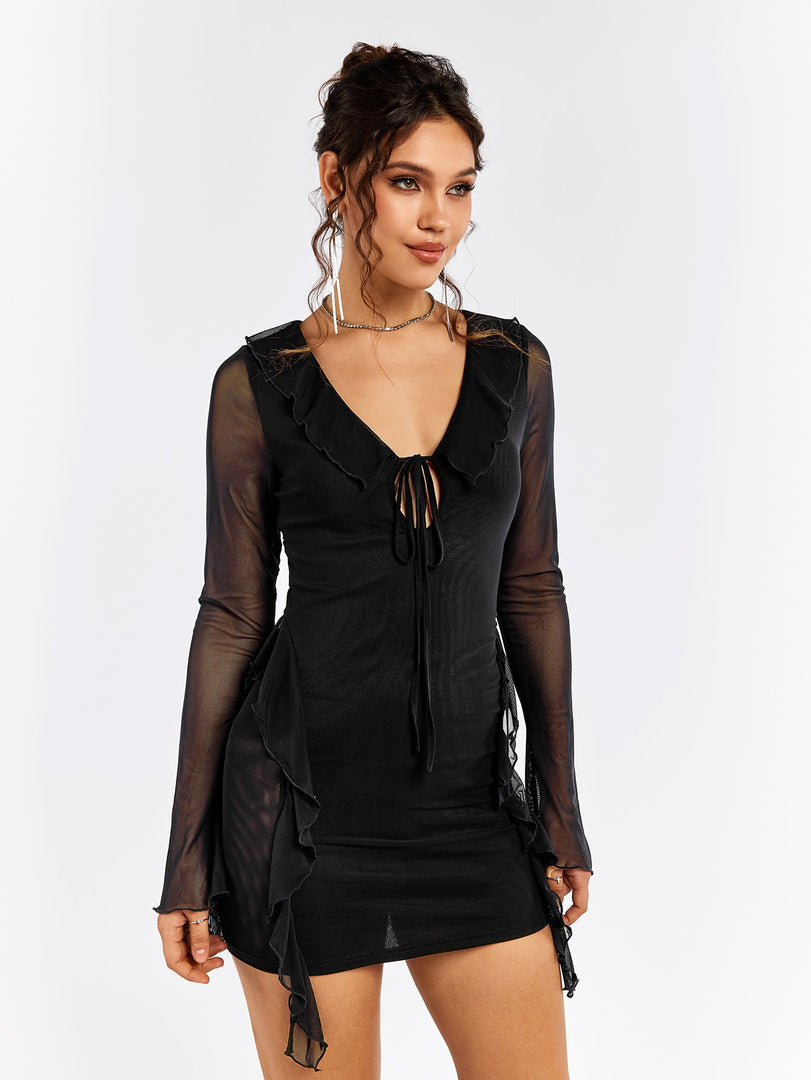 Flounce Sleeve Tie Front Embellished Mesh Dress | Wedding Guest Dress, Vacation Dress
