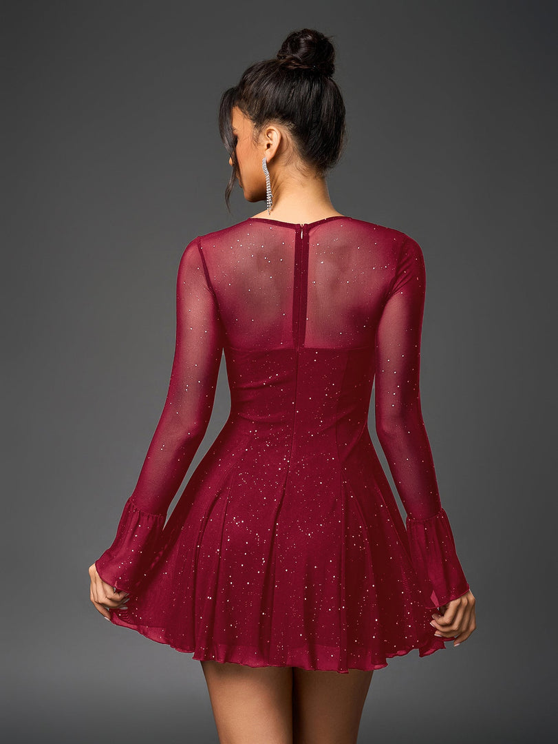 Flounce Sleeve Tie Front Glitter Mesh Flared Dress | Homecoming Dress
