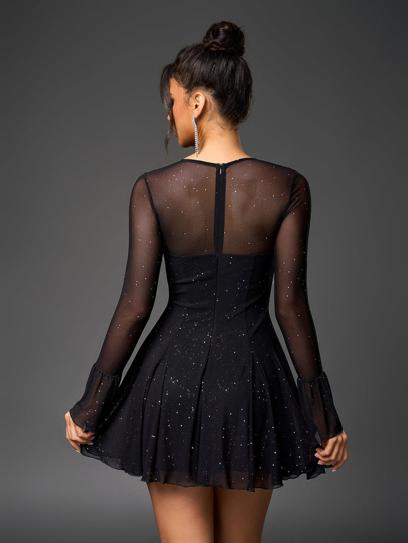 Flounce Sleeve Tie Front Glitter Mesh Flared Dress | Homecoming Dress