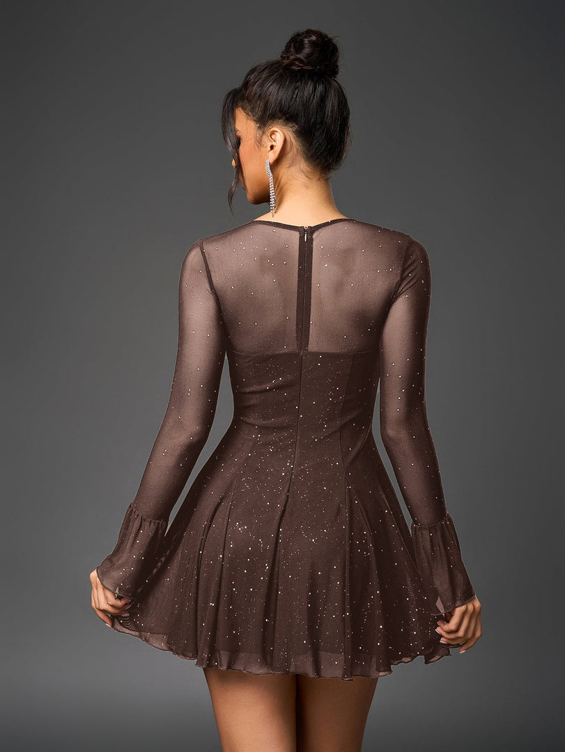 Flounce Sleeve Tie Front Glitter Mesh Flared Dress | Homecoming Dress