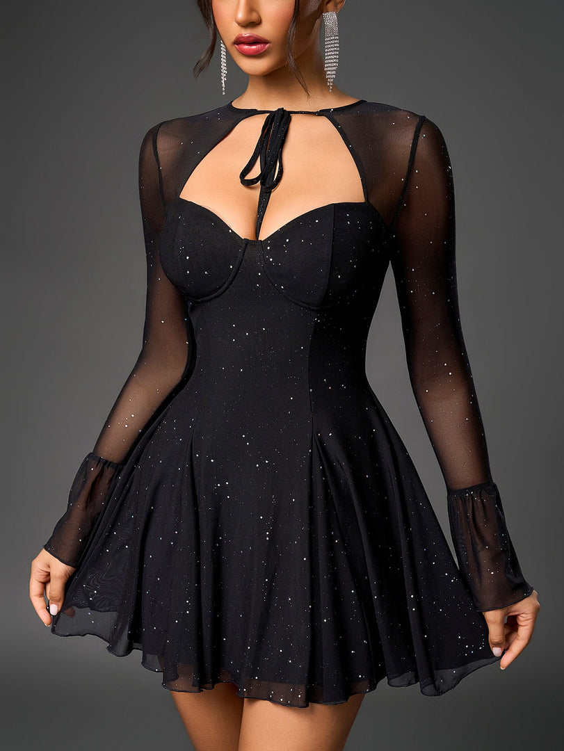 Flounce Sleeve Tie Front Glitter Mesh Flared Dress | Homecoming Dress