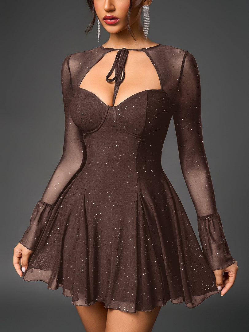 Flounce Sleeve Tie Front Glitter Mesh Flared Dress | Homecoming Dress