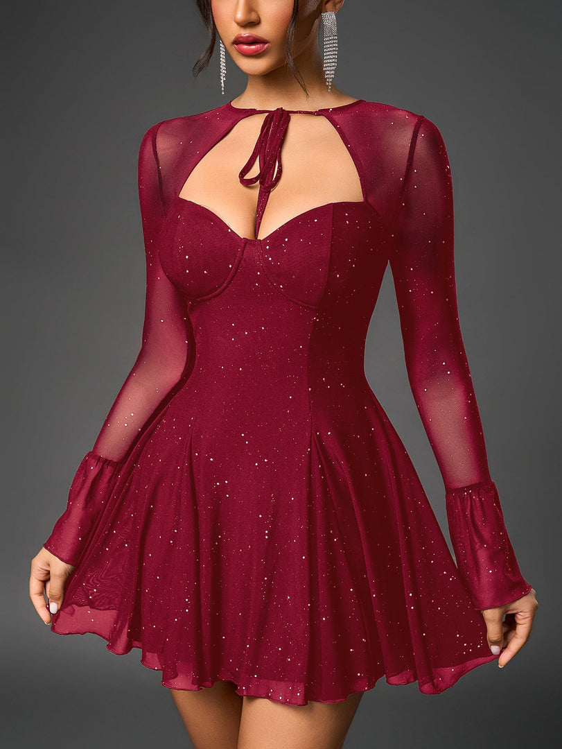 Flounce Sleeve Tie Front Glitter Mesh Flared Dress | Homecoming Dress
