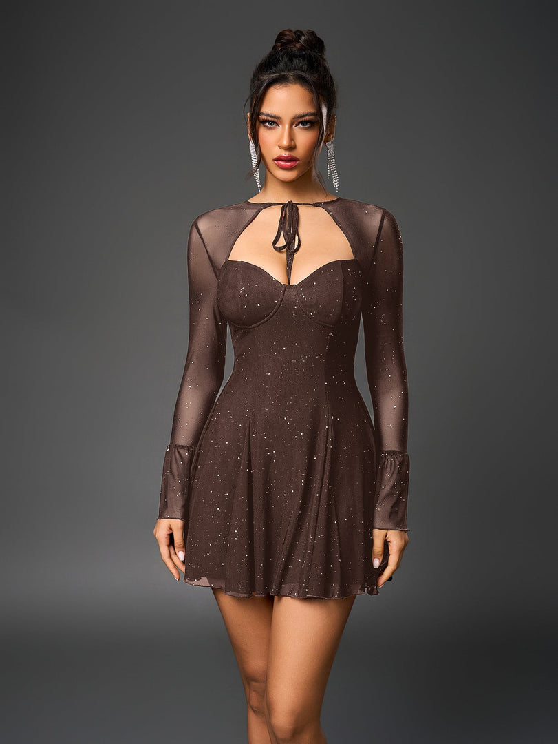 Flounce Sleeve Tie Front Glitter Mesh Flared Dress | Homecoming Dress