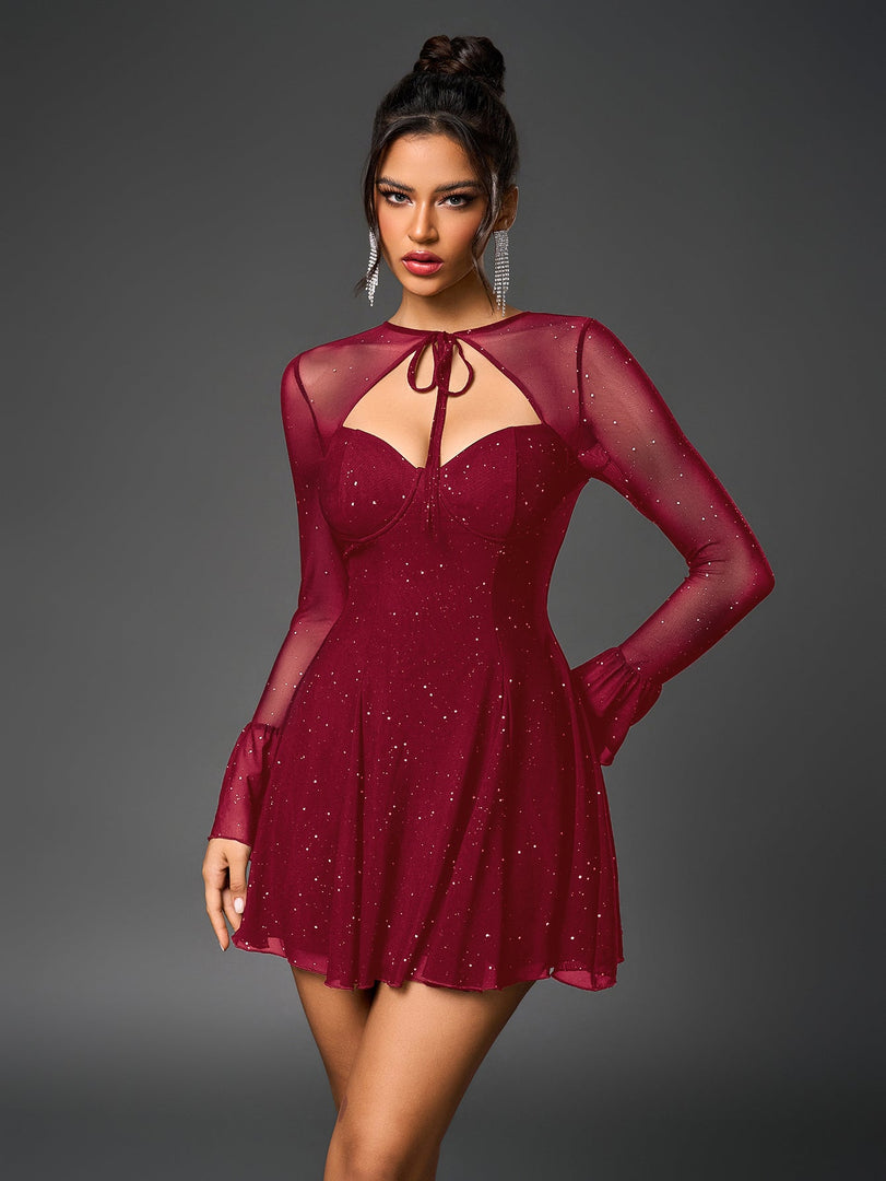 Flounce Sleeve Tie Front Glitter Mesh Flared Dress | Homecoming Dress