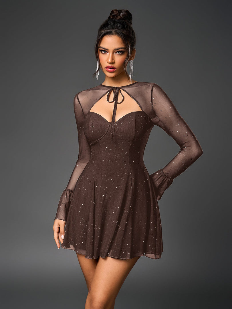 Flounce Sleeve Tie Front Glitter Mesh Flared Dress | Homecoming Dress