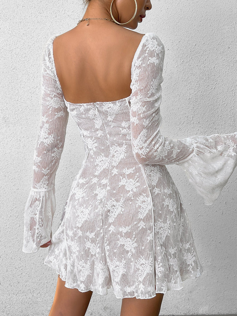 Flounce Sleeve Tie Front Pleat Lace Dress | Wedding Guest Dress, Vacation Dress