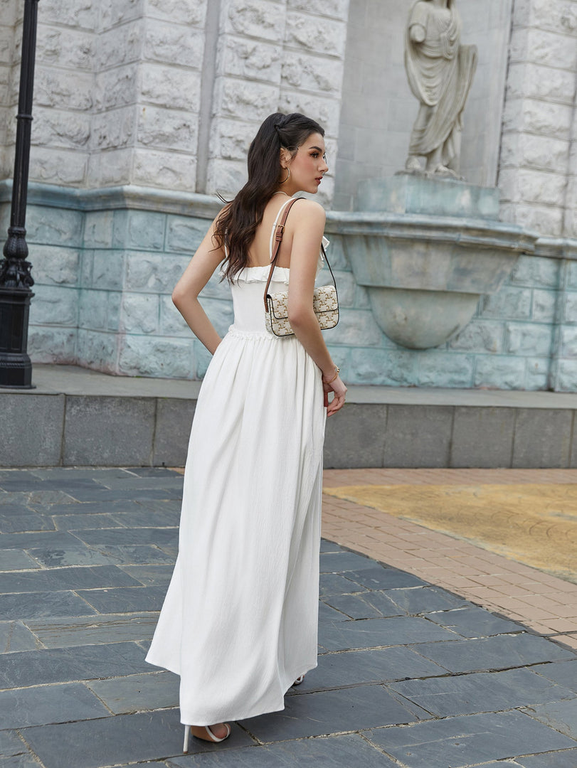 Flounce Trim Tie Front Solid Cami Long Dress | Bridesmaid Dress