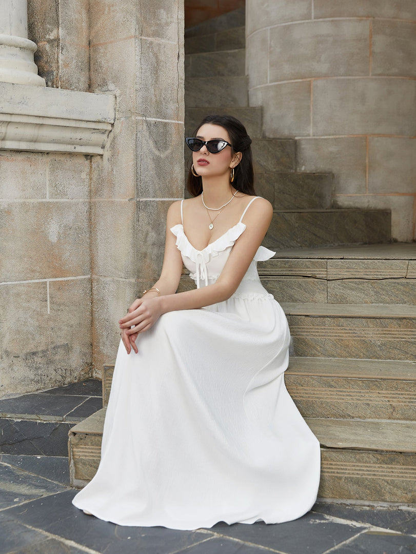 Flounce Trim Tie Front Solid Cami Long Dress | Bridesmaid Dress
