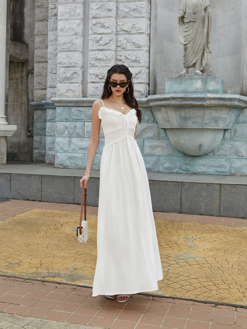 Flounce Trim Tie Front Solid Cami Long Dress | Bridesmaid Dress