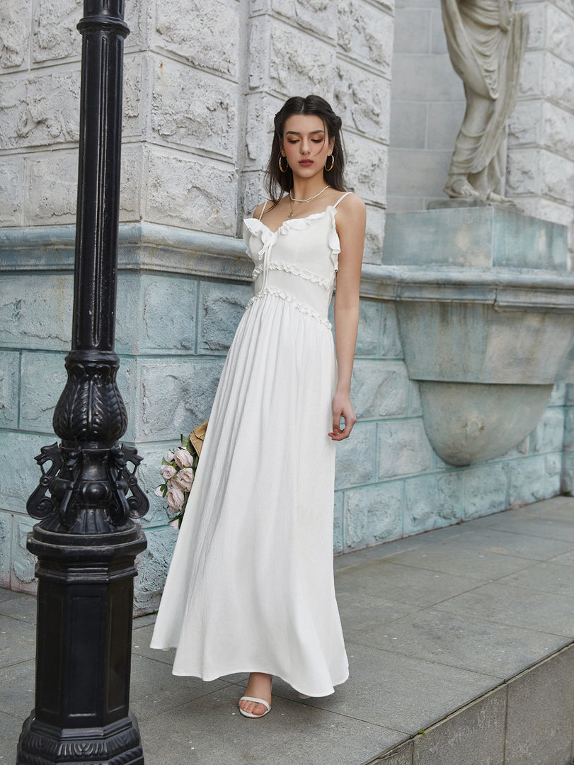 Flounce Trim Tie Front Solid Cami Long Dress | Bridesmaid Dress