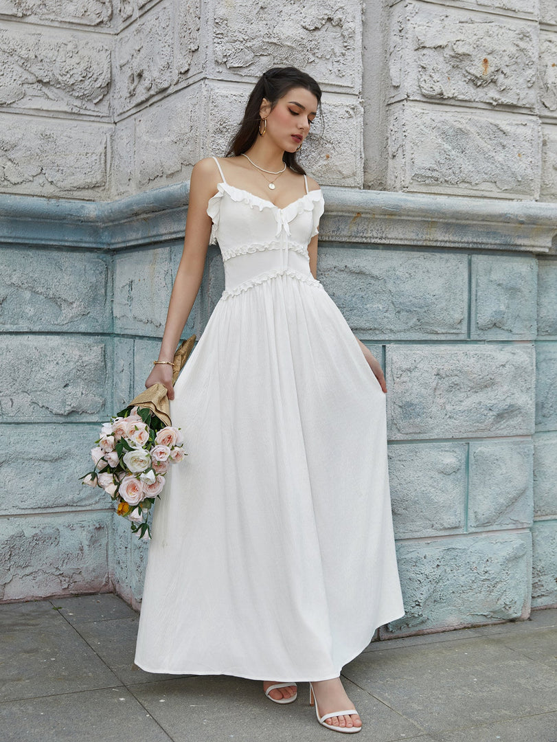 Flounce Trim Tie Front Solid Cami Long Dress | Bridesmaid Dress