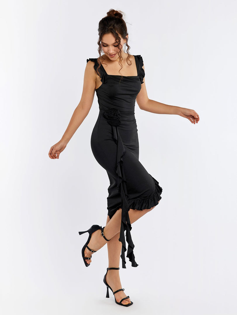 Fly Sleeve Embellished Flower Asymmetrical Hem Dress | Wedding Guest Dress, Vacation Dress