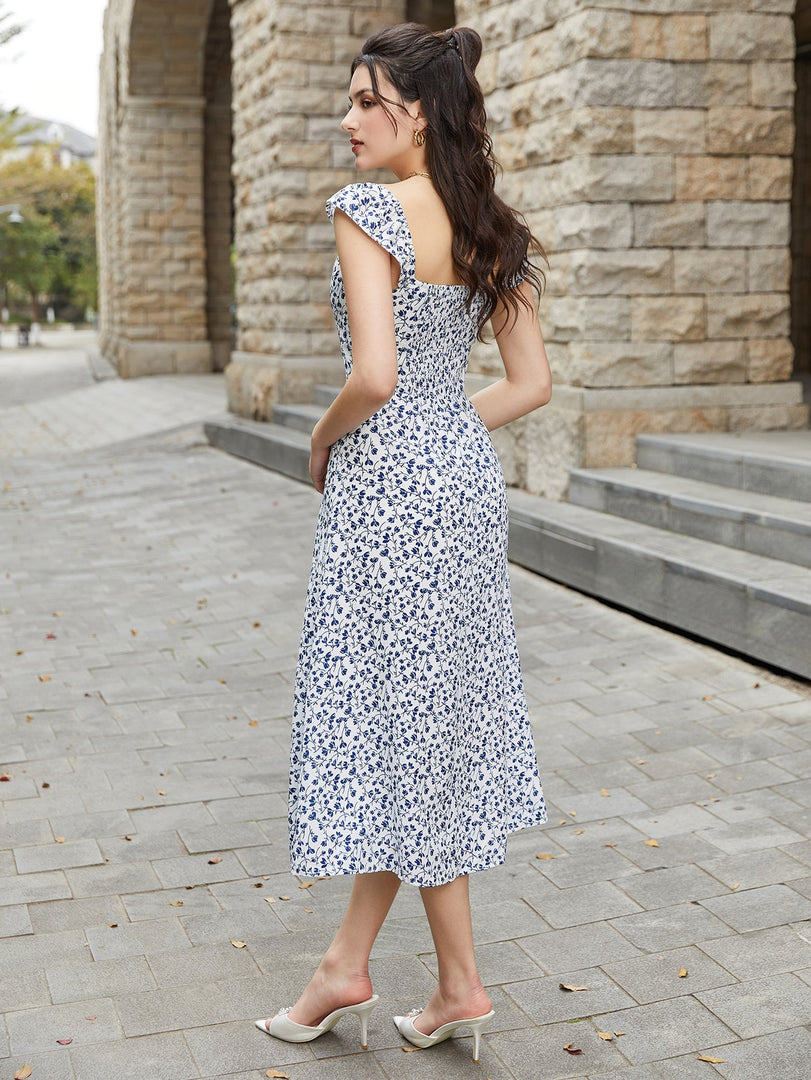 Fly Sleeve Floral Print Ruched Midi Dress | Wedding Guest Dress, Vacation Dress