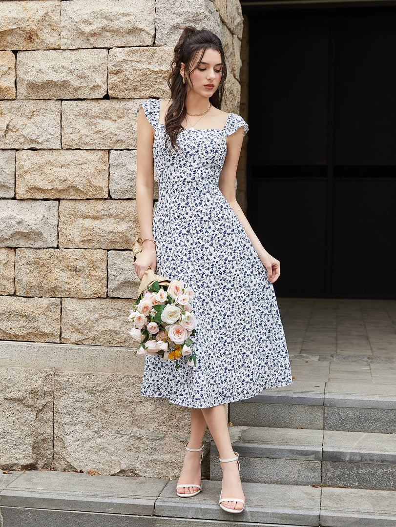 Fly Sleeve Floral Print Ruched Midi Dress | Wedding Guest Dress, Vacation Dress