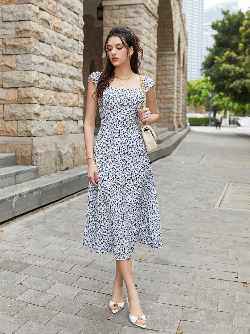 Fly Sleeve Floral Print Ruched Midi Dress | Wedding Guest Dress, Vacation Dress