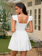 Fly Sleeve Ruched Bust Embellished Button Backless Dress | Wedding Guest Dress