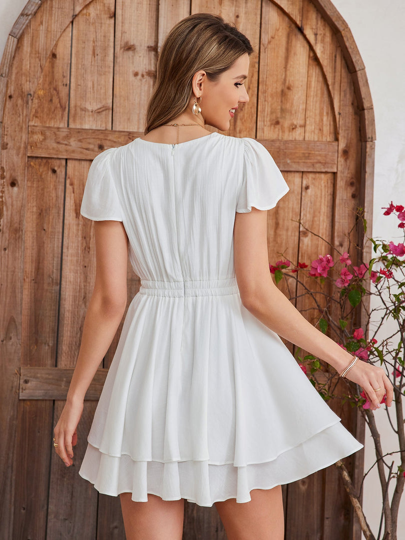 Fly Sleeve Ruched Waist Pleated Mini Dress | Homecoming Dress, Wedding Guest Dress