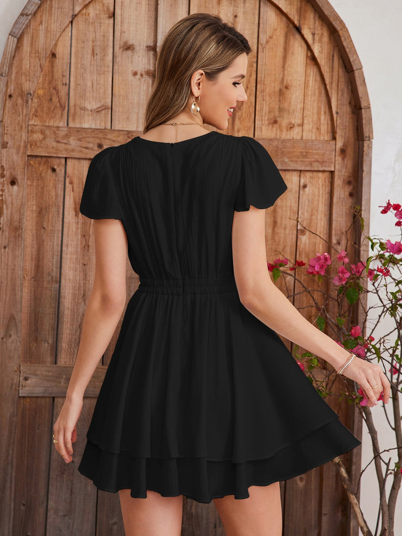 Fly Sleeve Ruched Waist Pleated Mini Dress | Homecoming Dress, Wedding Guest Dress