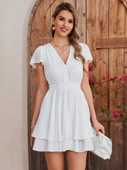 Fly Sleeve Ruched Waist Pleated Mini Dress | Homecoming Dress, Wedding Guest Dress