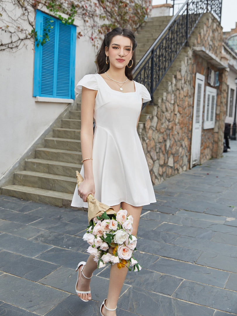 Fly Sleeve V-Neck Back Tie Solid Dress | Wedding Guest Dress