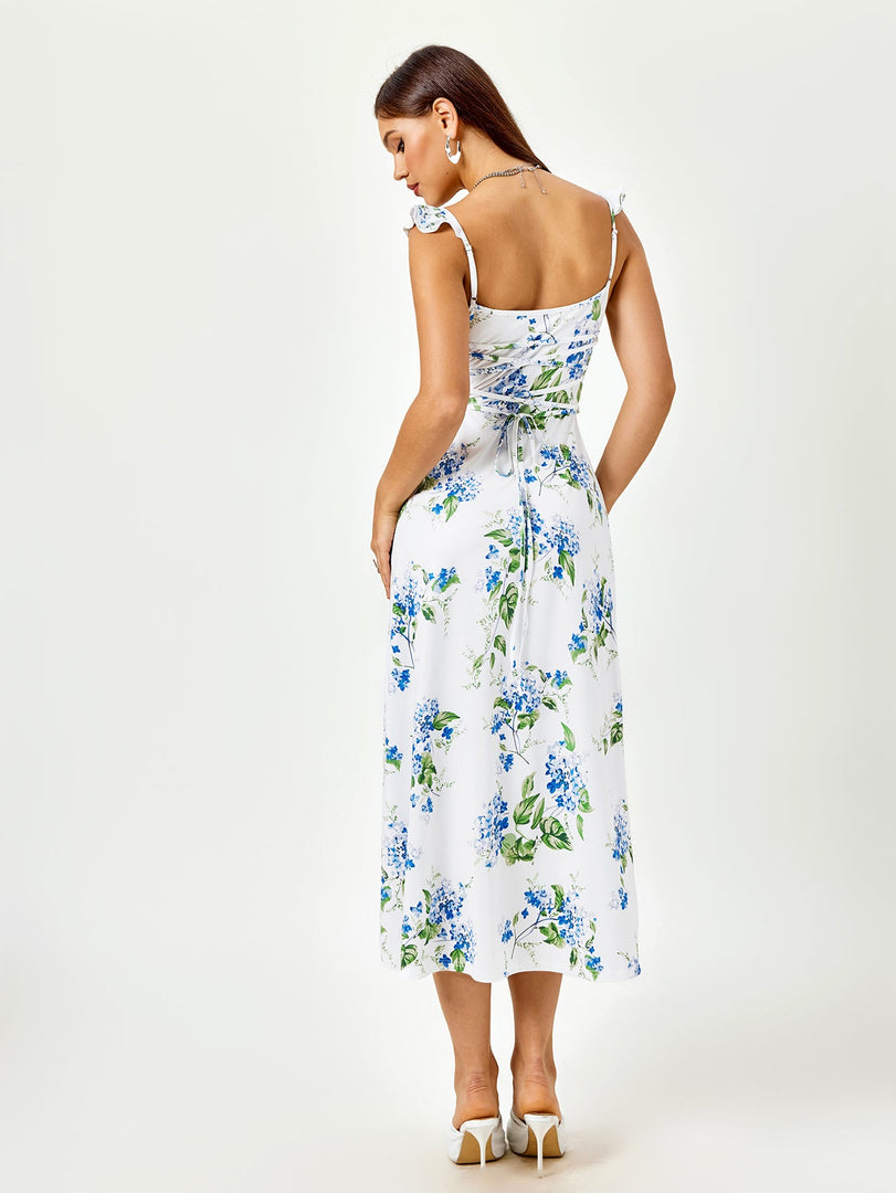 Fly Sleeve V-Neck Crisscross Tie Back Floral Print Dress | Wedding Guest Dress, Vacation Dress